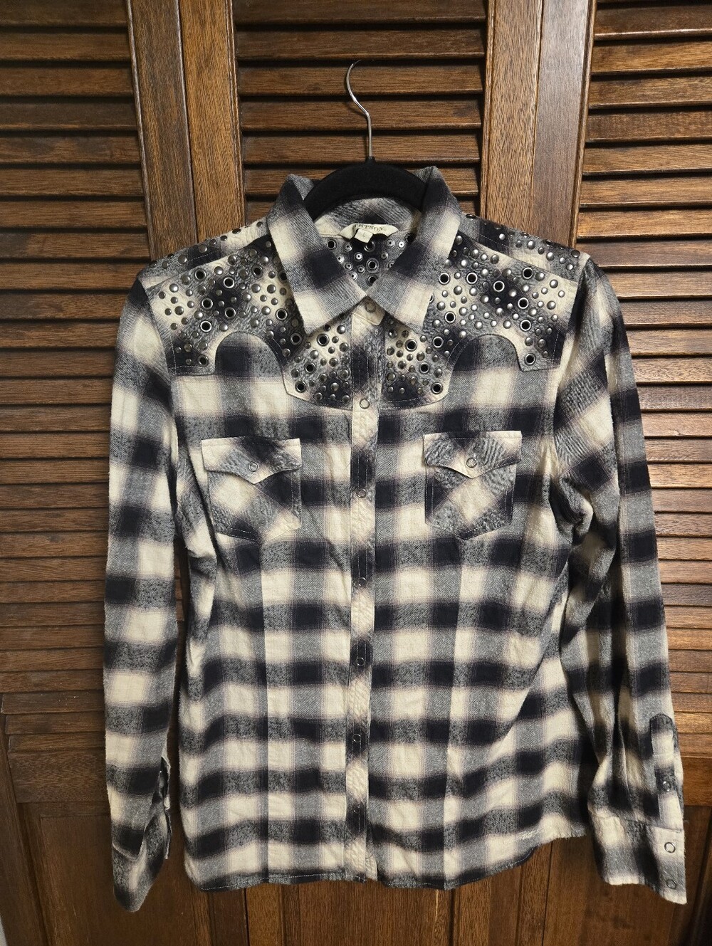 Stetson Studded Black and Cream Plaid Western Shirt